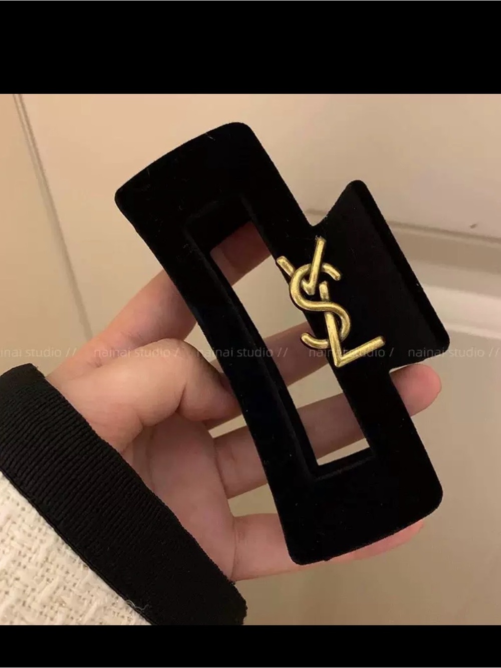Yves Saint Laurent Black Velvet Hair Clip with Gold Logo